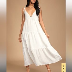 Lulu’s Let the Sun Beam White Tie-Strap Tiered MIDI/Maxi Dress with Pockets